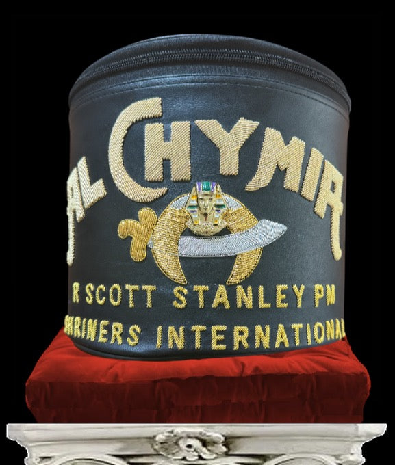 Al Chymia Shriner Fez Carry Case with gold lettering and Shrine emblem