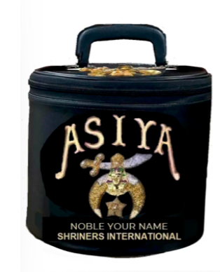 Black ASIYA Shriner fez carry case with top handle and embroidered Shrine emblem