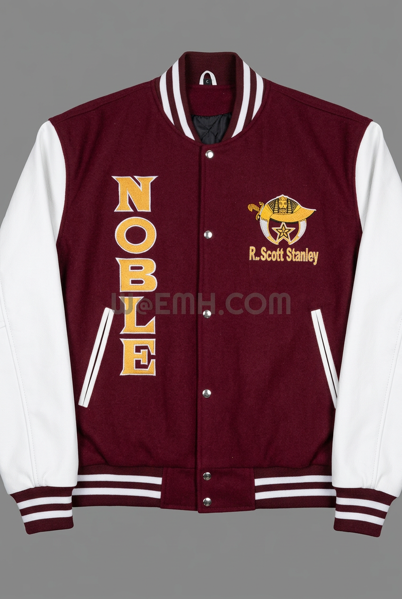 Shriners jacket with medium-gray background and white sleeves