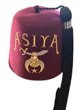 Burgundy Shriners fez with gold ASIYA lettering, emblem, and black tassel