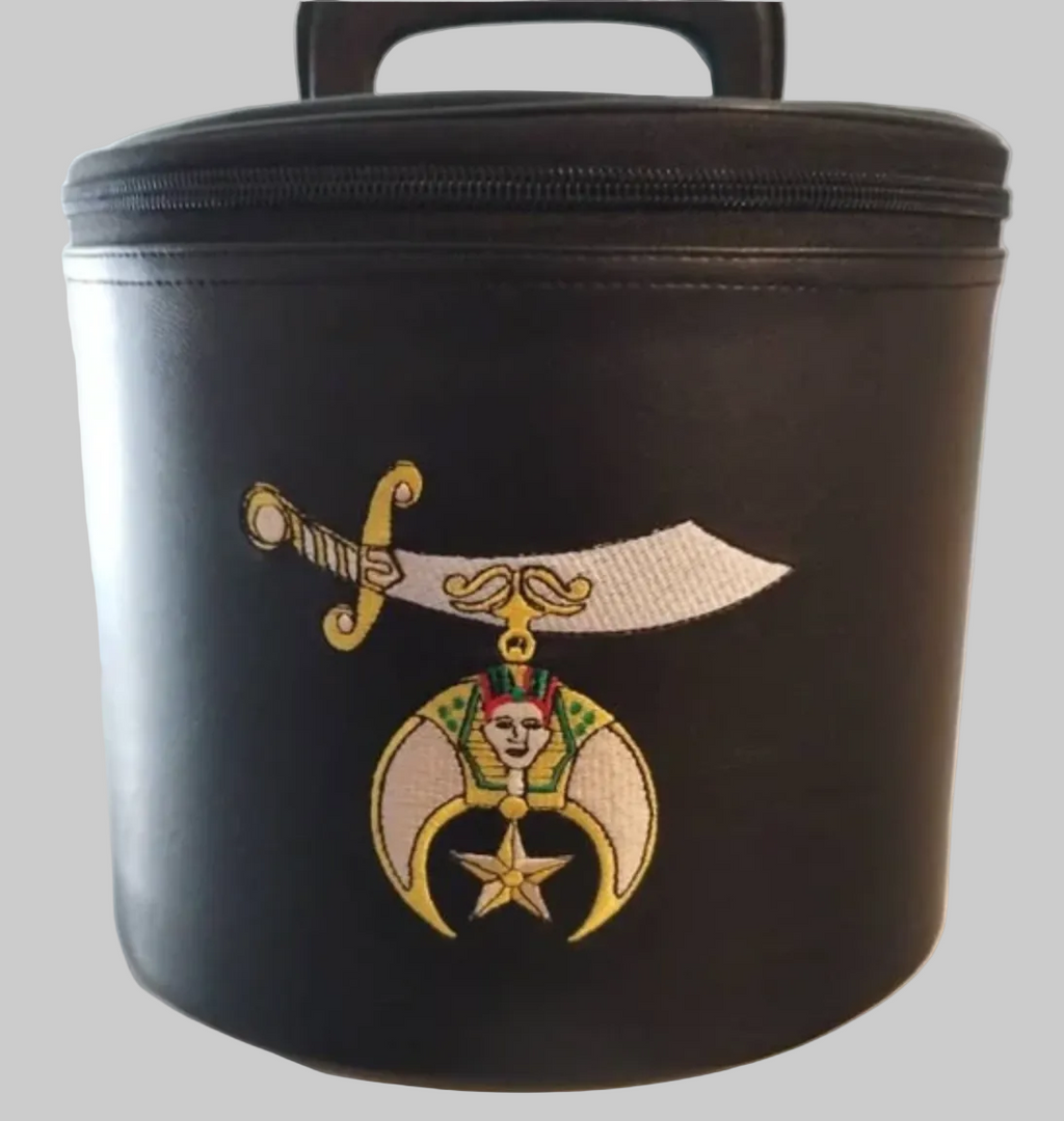 Black Shriner fez carry case with top handle and Shrine emblem