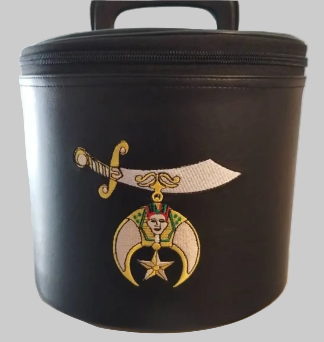Black Shriner fez carry case with top handle and Shrine emblem