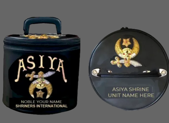 Front and top views of a black embroidered Shriner fez carry case with gold emblems
