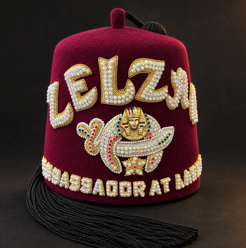 Burgundy ZELZAH fez with jeweled lettering and Shrine emblem, Ambassador at Large lettering and black tassel