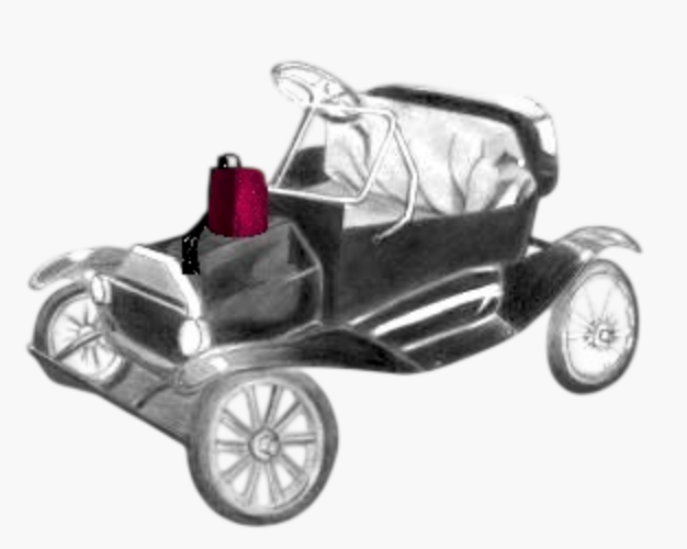 Silver antique car unit identifier with a burgundy fez