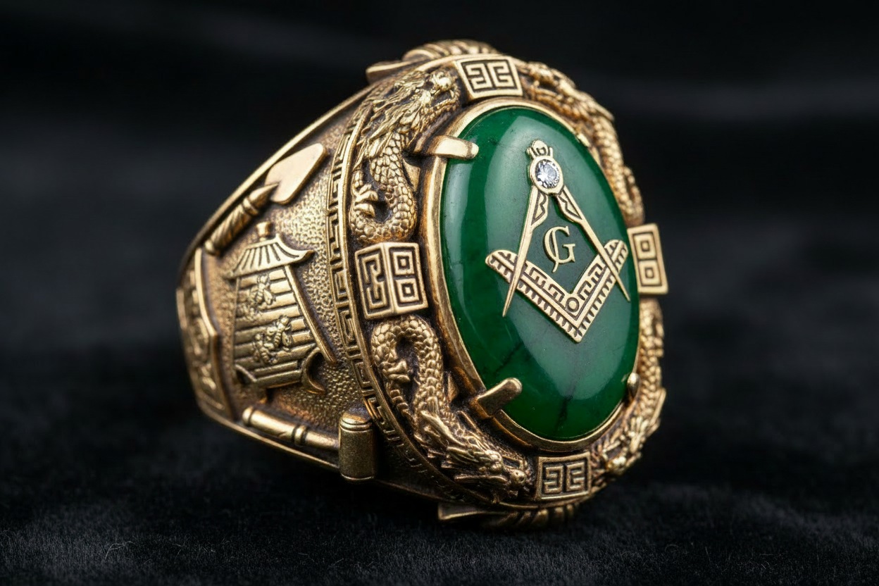 Eastern Light Past Master Ring – All-Seeing Eye face with diamond and jade