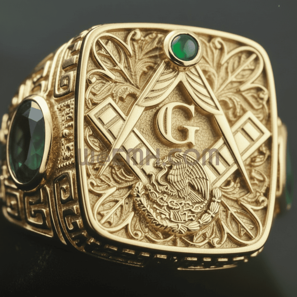 The Legend – Mexican Masonic Ring face shot with micro jade apex, Square and Compasses, and Águila Real