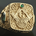 The Legend – Mexican Masonic Ring face shot with micro jade apex, Square and Compasses, and Águila Real