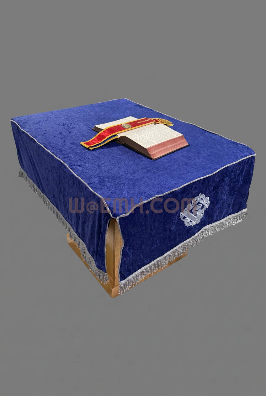 Blue Masonic altar cloth with Bible and ribbon on medium gray.