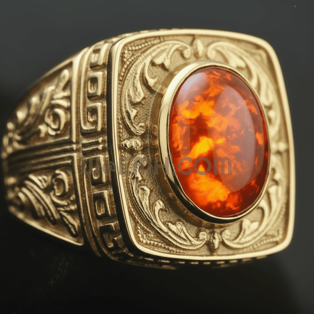 The Legend – Right shank macro detail with Mexican fire opal