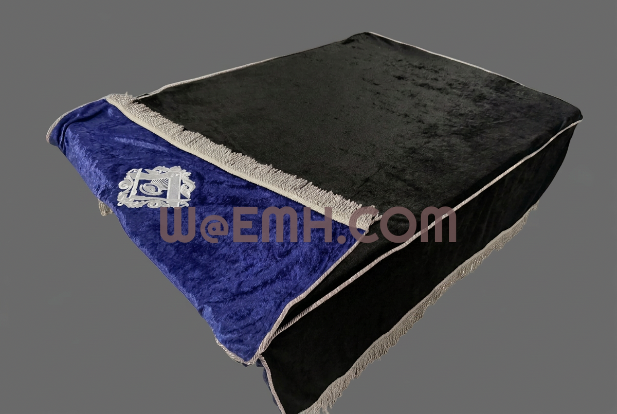 Masonic altar cloth embroidery and fringe on medium gray.