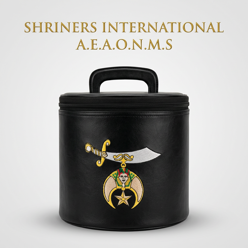 Black Shrine emblem carry case on light gray with Shriners International and A.E.A.O.N.M.S heading above