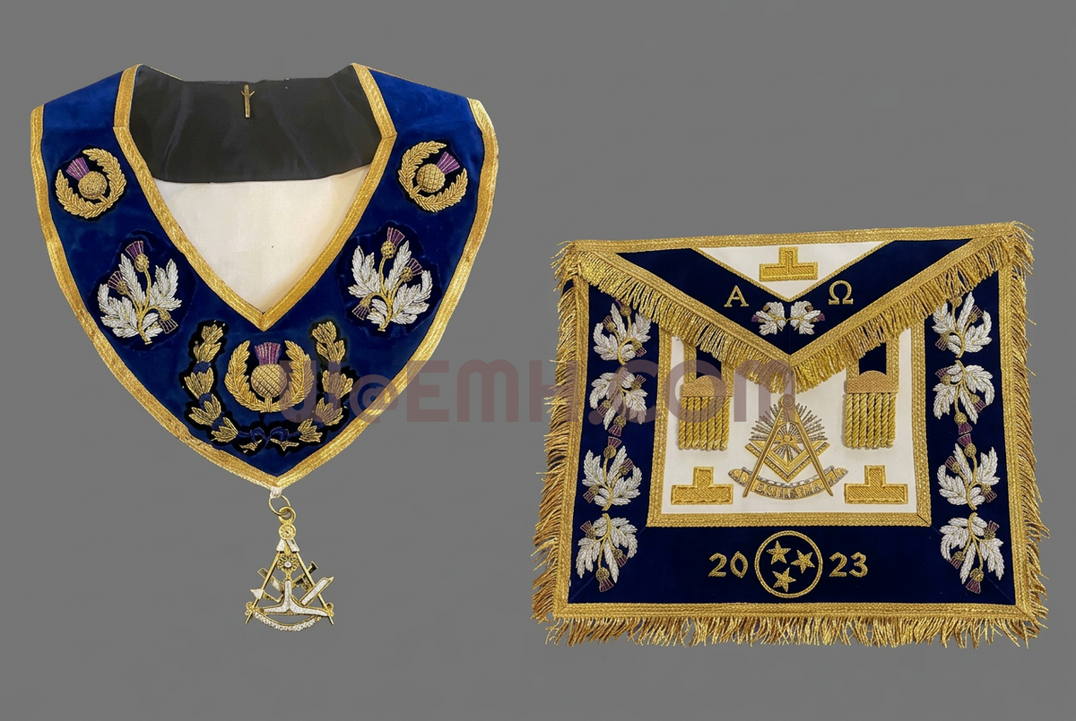 Robert Burns Lodge No. 59 Master's apron and matching collar shown together on a medium-gray background; $560 per pair.