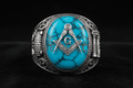 Latino Masonic Ring in .925 sterling silver with turquoise centerpiece, Square and Compass, beehive and Jachin and Boaz panels