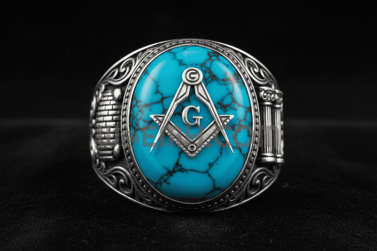 Latino Masonic Ring in .925 sterling silver with turquoise centerpiece, Square and Compass, beehive and Jachin and Boaz panels