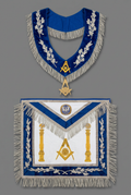 Blue and white officer apron and collar with square-and-compasses and sun emblem on medium gray