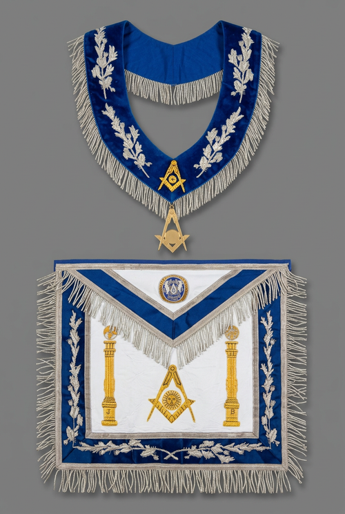 Blue and white officer apron and collar with square-and-compasses and sun emblem on medium gray