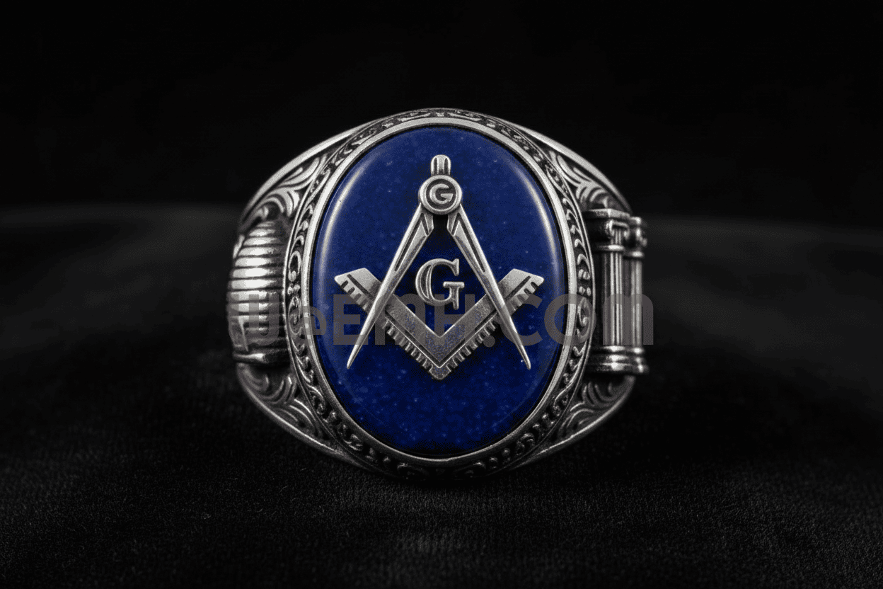 Latino Masonic Ring - Blue Sapphire with Beehive and Pillars