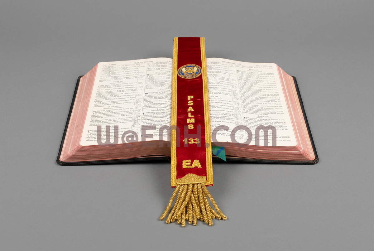 Red Bible marker on an open Bible against medium gray